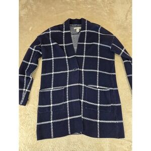 Bass Womens Navy Blue White Windowpane Plaid Cardigan Sweater Pockets Small S